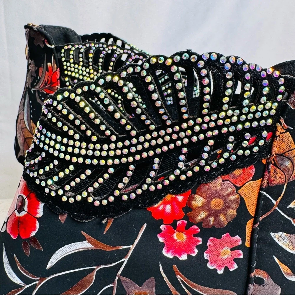 Floral Velvet Rhinestone Ankle Boots Sz 42 (US 10.5) Statement Stiletto Heel - Picture 6 of 16